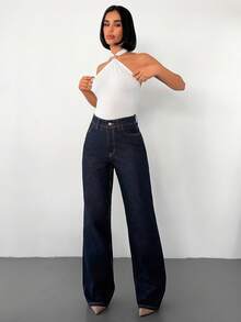 100% Cotton Casual High Waist Straight Leg Women's Jeans - Dark Wash - View 4