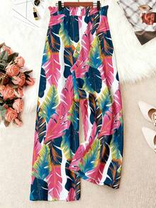 EMERY ROSE 大码女式彩色树叶印花阔腿裤，高腰显瘦休闲裤，宽松飘逸度假风印花长裤 - 彩色 - 查看 2