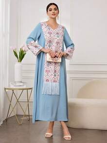 Al Najma 女士休闲纯色拼接花卉多色印花撞色流苏装饰土耳其阿拉伯风格长裙 - 淺藍色 - 查看 6