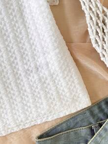 SHEIN 少女休闲度假家居拼接刺绣蕾丝边针织修身短款方领T恤上衣，白色 - 米色 - 查看 5