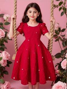 Rochie elegantă din șifon, cu paiete, roșie, cu mânecă scurtă, pentru fete, potrivită pentru petreceri, zile de naștere, Crăciun, versatilă pentru diverse ocazii, primăvară/vară - Burgundia - Vizualizare 1