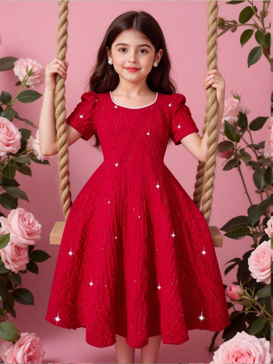 Rochie elegantă din șifon, cu paiete, roșie, cu mânecă scurtă, pentru fete, potrivită pentru petreceri, zile de naștere, Crăciun, versatilă pentru diverse ocazii, primăvară/vară - Burgundia - Vizualizare 1