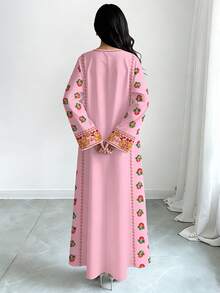 SHEIN Najma 女士花卉波浪图案数码印花V领长袖优雅连衣裙，春夏款 - 彩色 - 查看 2