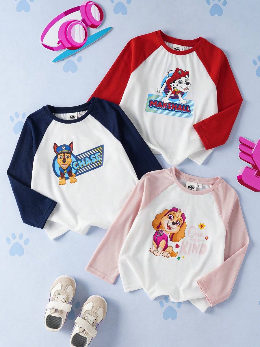 SHEIN | PAW Patrol 女童休闲狗狗印花撞色插肩袖T恤，秋季 - 白色 - 查看 1