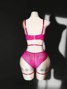 SHEIN 4件套加大码蕾丝拼接内衣套装 - 玫紅色 - 查看 9