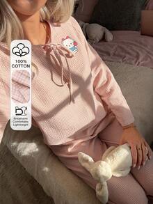 DAZY 2pcs Cartoon Bear Pattern Loose Long Sleeve & Long Pants Women Pajama Set - Pink - View 1