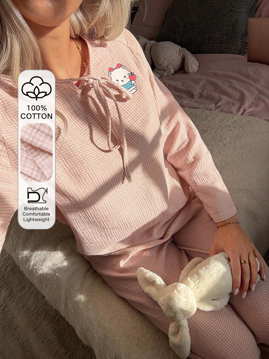 DAZY 2pcs Cartoon Bear Pattern Loose Long Sleeve & Long Pants Women Pajama Set - Pink - View 1