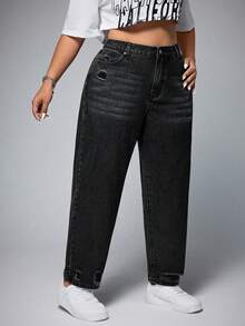 SHEIN ICON Jeans ajustados casuales de talle alto con bolsillos y desgastados para mujer de talla grande - Negro - Ver 3