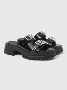 ROMWE Grunge Punk Giày sandal quai ngang phong cách Punk Rock Châu Âu & Mỹ dành cho nữ, khóa kim loại, sandal hở mũi kiểu La Mã, sandal đế xuồng phong cách Gothic cho kỳ nghỉ hè, Halloween. - Da sáng màu đen - Xem 3