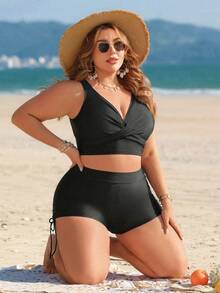Swim Lushoire Bộ tankini màu trơn dành cho nữ cỡ lớn, gồm quần cạp cao buộc dây phía trước. - màu đen - Xem 7