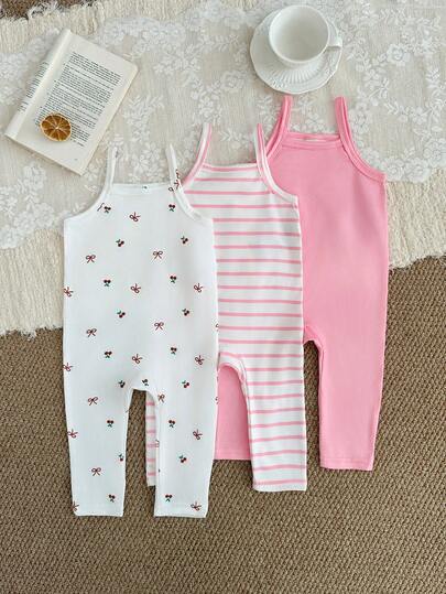 SHEIN 3pcsBaby Girl's Casual, Basic, Versatile Everyday Knitted Jumpsuit, Comfortable, Pink Striped With Bow And Cherry Print, Long Strap, Slim Fit
