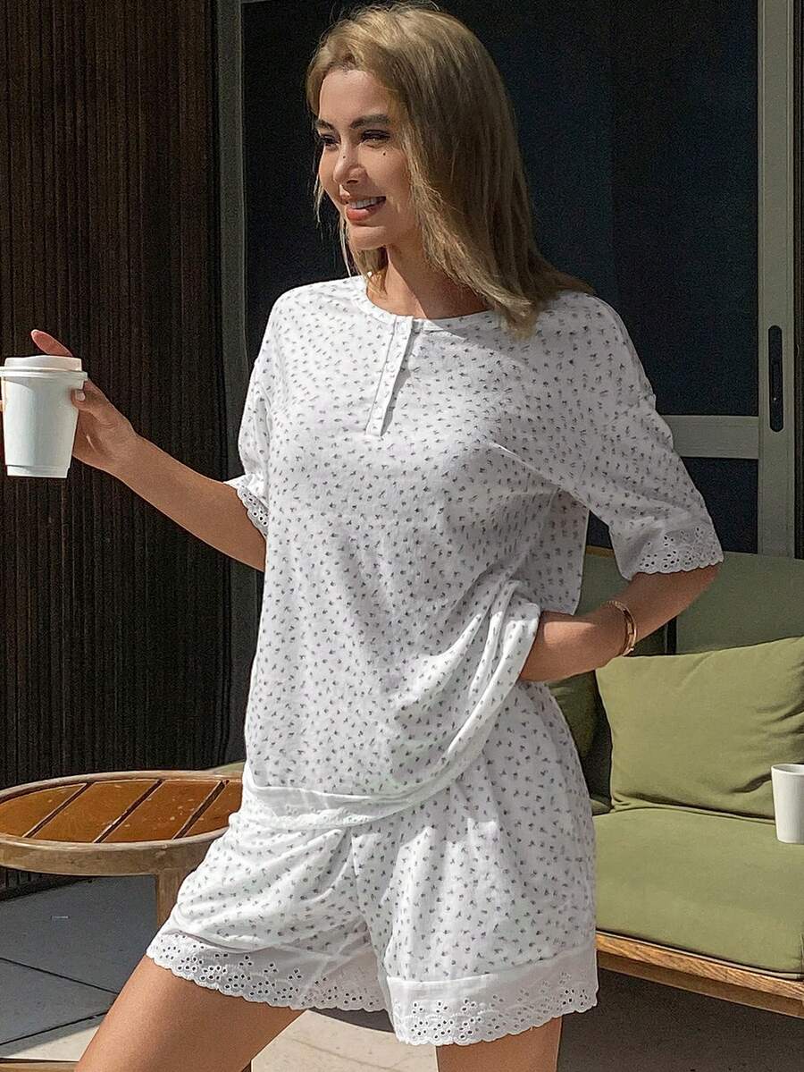 DAZY Women's Floral Embroidery Lace Patchwork Pajama Set, Summer - White - View 1
