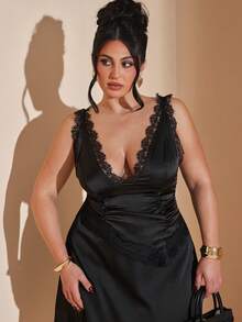 SHEIN BAE Spring And Summer Black Lace Satin Vest Elegant Date Travel Plus Size Vest Plus Size Tops - Black - View 1