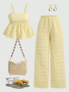 SHEIN Teen Girls' Casual Vacation Textured Cream Yellow Camisole And Pants Set, Summer - Yellow - View 3