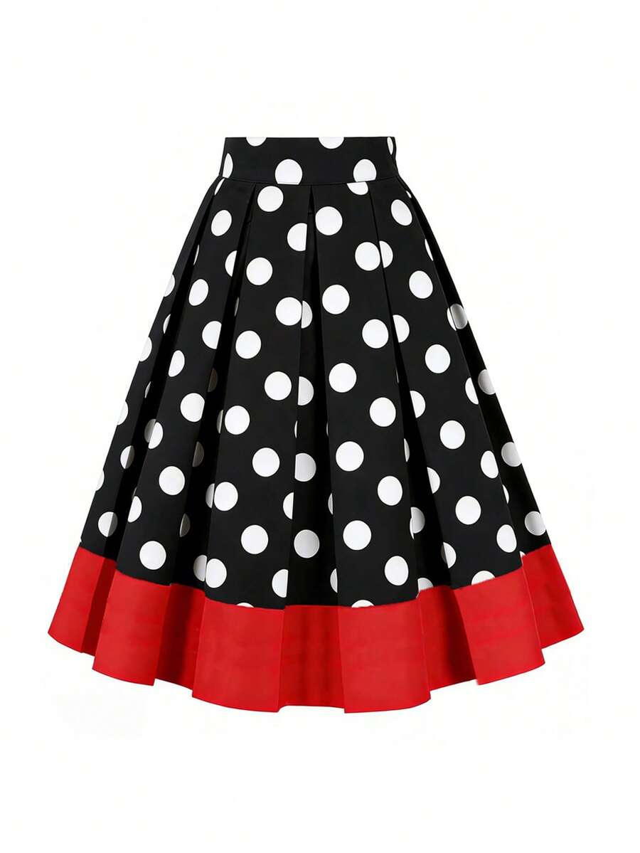 Olithes 女士中长裙，法式优雅，波点印花中长裙，女士夏季，百褶中长裙，优雅百搭的外出中长裙。 - 彩色 - 查看 1