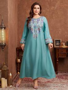 Al Najma 大码女士宽松舒适阿拉伯风格刺绣连衣裙 - 薄荷綠 - 查看 7