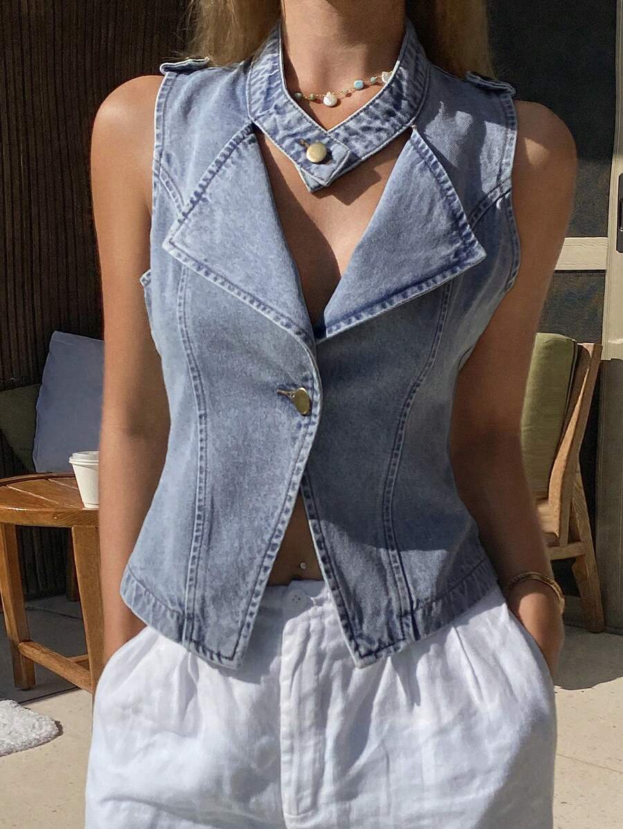 DAZY 女士修身腰部无袖休闲牛仔外套和背心 - 淺色水洗藍 - 查看 1