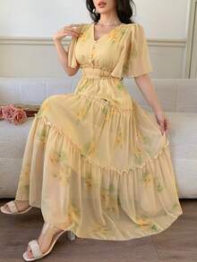 DAZY 女士V领短袖蛋糕印花休闲优雅连衣裙 - 鵝黃色 - 查看 2