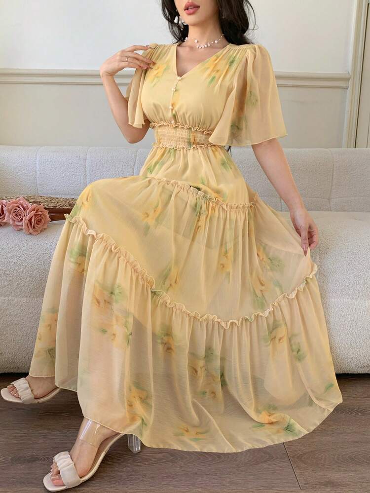 Women's V-Neck Short Sleeve Cake Dress Print Casual Elegant Dress Sundress Boho