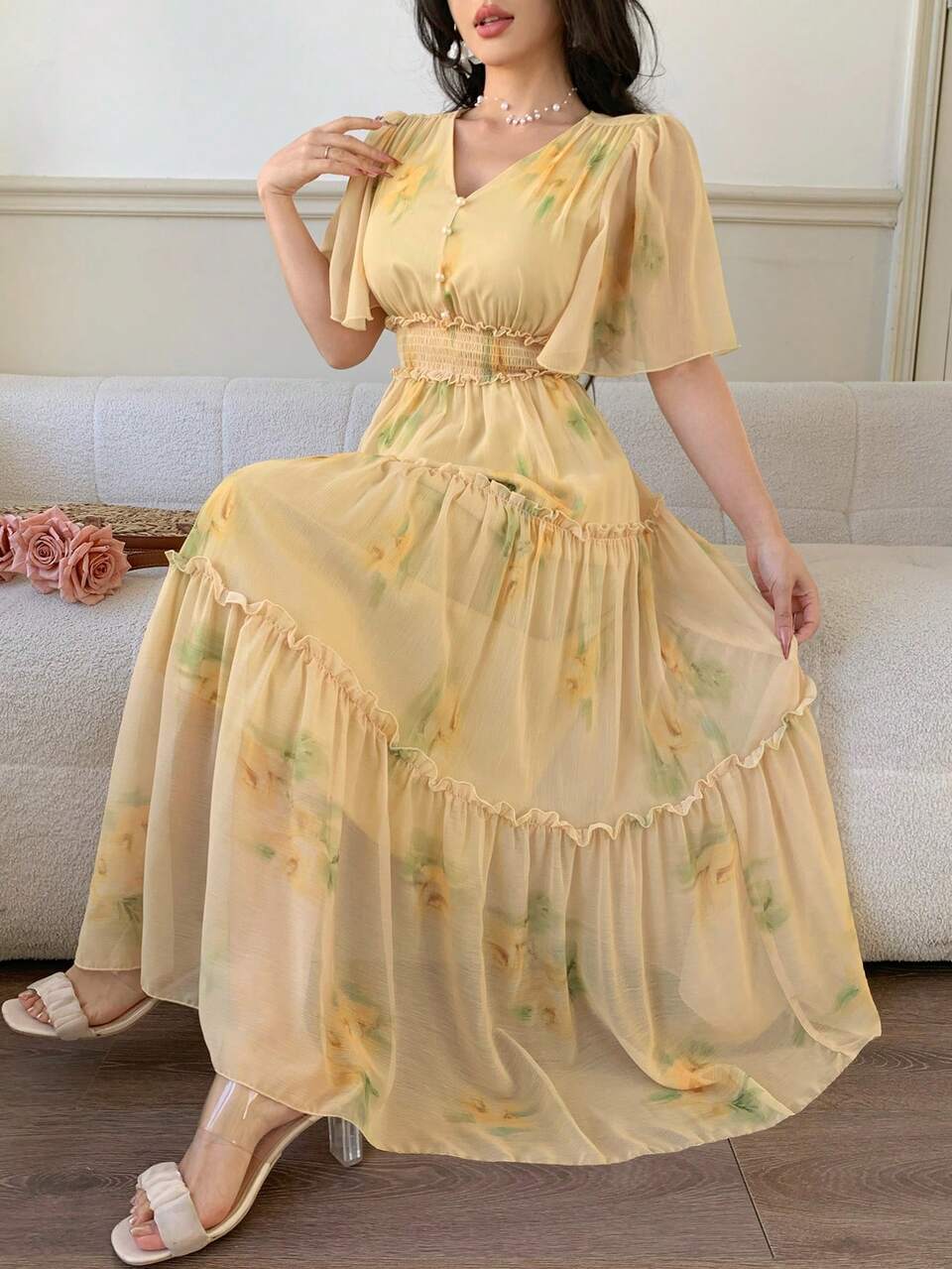 Women's V-Neck Short Sleeve Cake Dress Print Casual Elegant Dress Sundress Boho Vacation Outfits Women