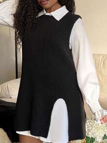 Tyla Gomez 2pcs/Set Spring White Lantern Sleeve Blouse & Loose Fit Open Front Knit Vest, Women Layered Outfit Fall Winter Cloth For Women - Black - View 3