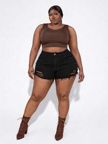 CurvyTilda Plus Ripped Raw Hem Denim Shorts - Black - View 1