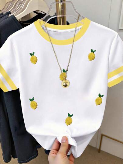 Resyla 대비 칼라 티셔츠, 과일 패턴, 파인애플, 그래픽 티, 여름, 여성 상의, 자매, 나우, 패션 상의 셔츠, 미학 티셔츠, 자매 선물, 엄마 선물, 캐주얼 미니멀리스트 패션 상의