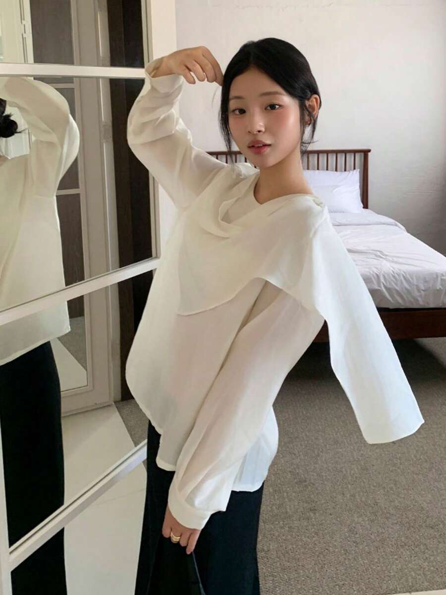 DAZY Women's Casual French Style Loose Collar Long Sleeve Sun Protection Shirt, Lazy & Youthful - Beige - View 1