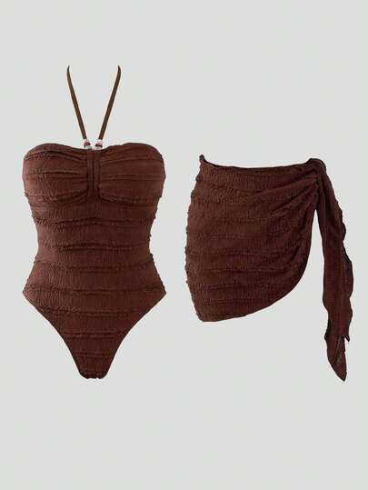 Sweetra 26SS 春夏度假沙滩成熟棕色串珠吊带连体泳衣及配套半身裙套装