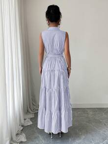 Elenzga 女士条纹纽扣腰无袖连衣裙 - 藏蓝色 - 查看 2