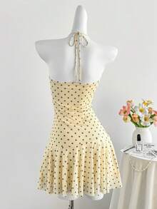 Elamini 女士黄色波点印花针织网眼衬里露背系带修身荷叶边迷你连衣裙，优雅复古浪漫可爱，适合春夏度假、休闲、约会、通勤等场合。 - 黃色 - 查看 4
