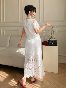 DAZY Hollow Lace Blouse & High Waist Skirt Set, Fashionable & Elegant, Slimming, Gentle Style For Women Summer - Beige - View 2