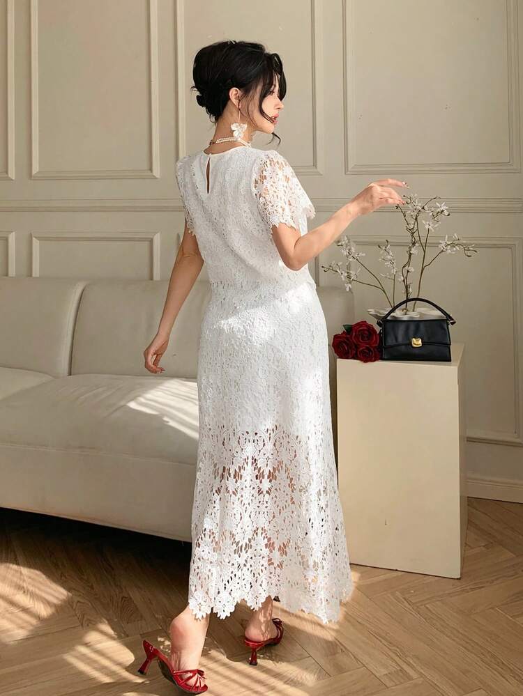 Hollow Lace Blouse & High Waist Skirt Set, Fashionable & Elegant, Slimming, Gentle Style For Women Summer