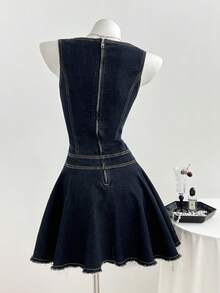 Elamini Women's V-Neck Frayed Hem Casual Sleeveless Denim Dress - Dark Wash - View 2