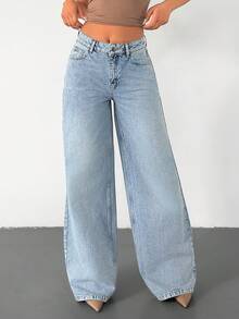 SHEIN Cottnline Women's High Waist Pocketed Wide Leg Loose Casual Versatile Jeans City Break Light Blue Summer - Baby Blue - View 8
