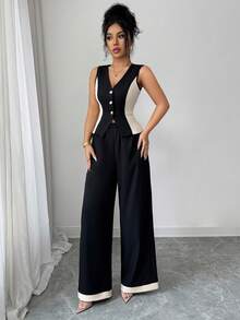 Elenzga Bộ đồ 2 mảnh thanh lịch dành cho nữ: Áo crop top không tay cổ chữ V phối màu tương phản và quần ống đứng, thích hợp cho mùa xuân/hè. - màu đen - Xem 5