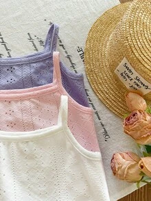 SHEIN LMoss Kids 3件套新生女宝宝可爱纯色针织无袖连体衣套装，夏季女宝宝连体衣，透气婴儿连体衣，夏季婴儿连体衣，吊带婴儿服装 - 彩色 - 查看 6