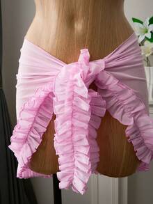 Bellisia Women's Summer Beach Vacation Mesh Frill Trim Wrap Tie Sarong Skirt - Pink - View 6