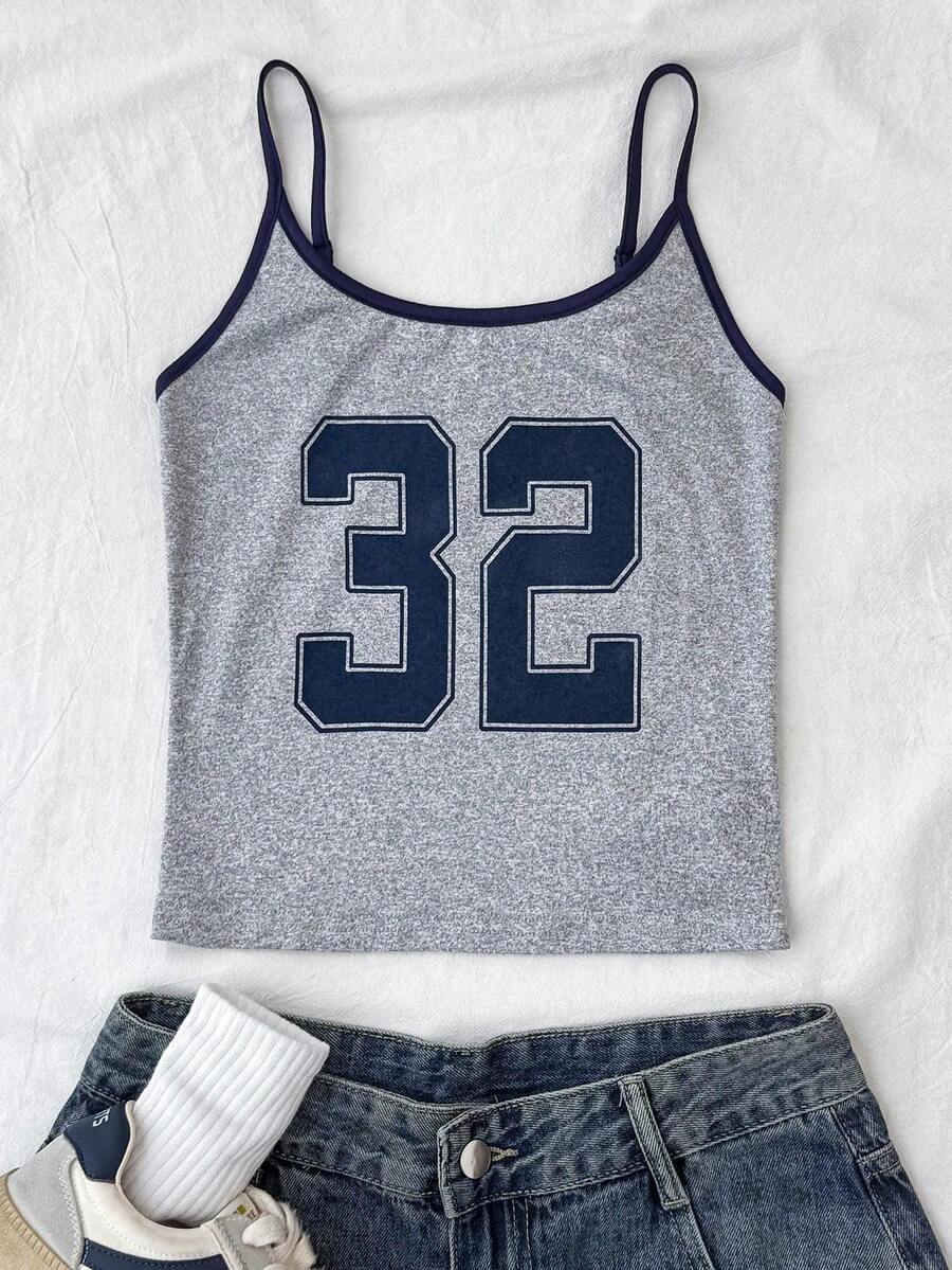 少女日常休闲浅灰色背心和蓝色数字印花修身T恤 - 灰色 - 查看 1