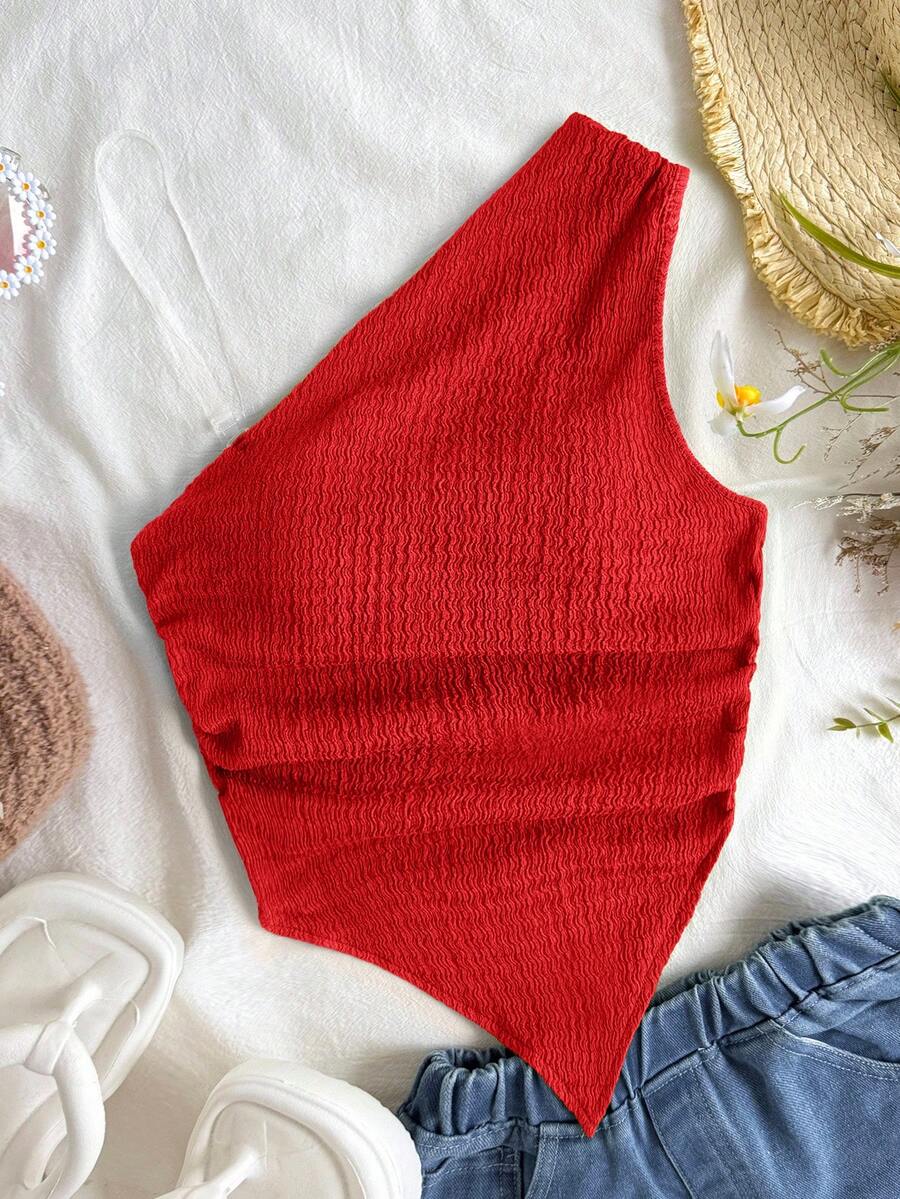 SHEIN Tween Girl Solid Asymmetric Hem Textured Knit Crop Camisole Knitted Ribbed Tube Top Red Tank Cute Sweet Basic - Red - View 1