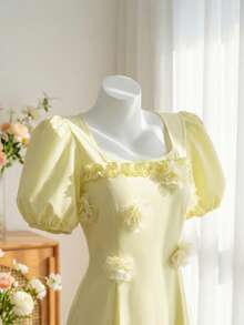 GlowEve 女士优雅方领花卉刺绣泡泡袖A字中长连衣裙，适合外出、约会、聚会、野餐，黄色 - 黃色 - 查看 2
