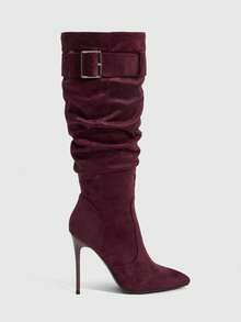 Daringsoles Women's Pointed Toe Buckle Side Zipper Suede Stiletto Mid-Calf Boots & Over-The-Knee Boots, Chic Sexy High Heels For Nightclub, Elegant Dance - Burgundy - View 1