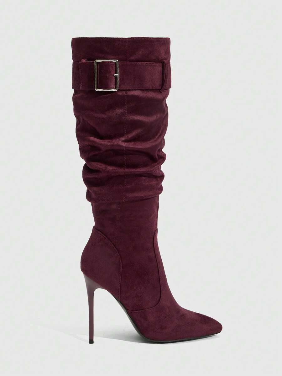 Daringsoles Women's Pointed Toe Buckle Side Zipper Suede Stiletto Mid-Calf Boots & Over-The-Knee Boots, Chic Sexy High Heels For Nightclub, Elegant Dance - Burgundy - View 1