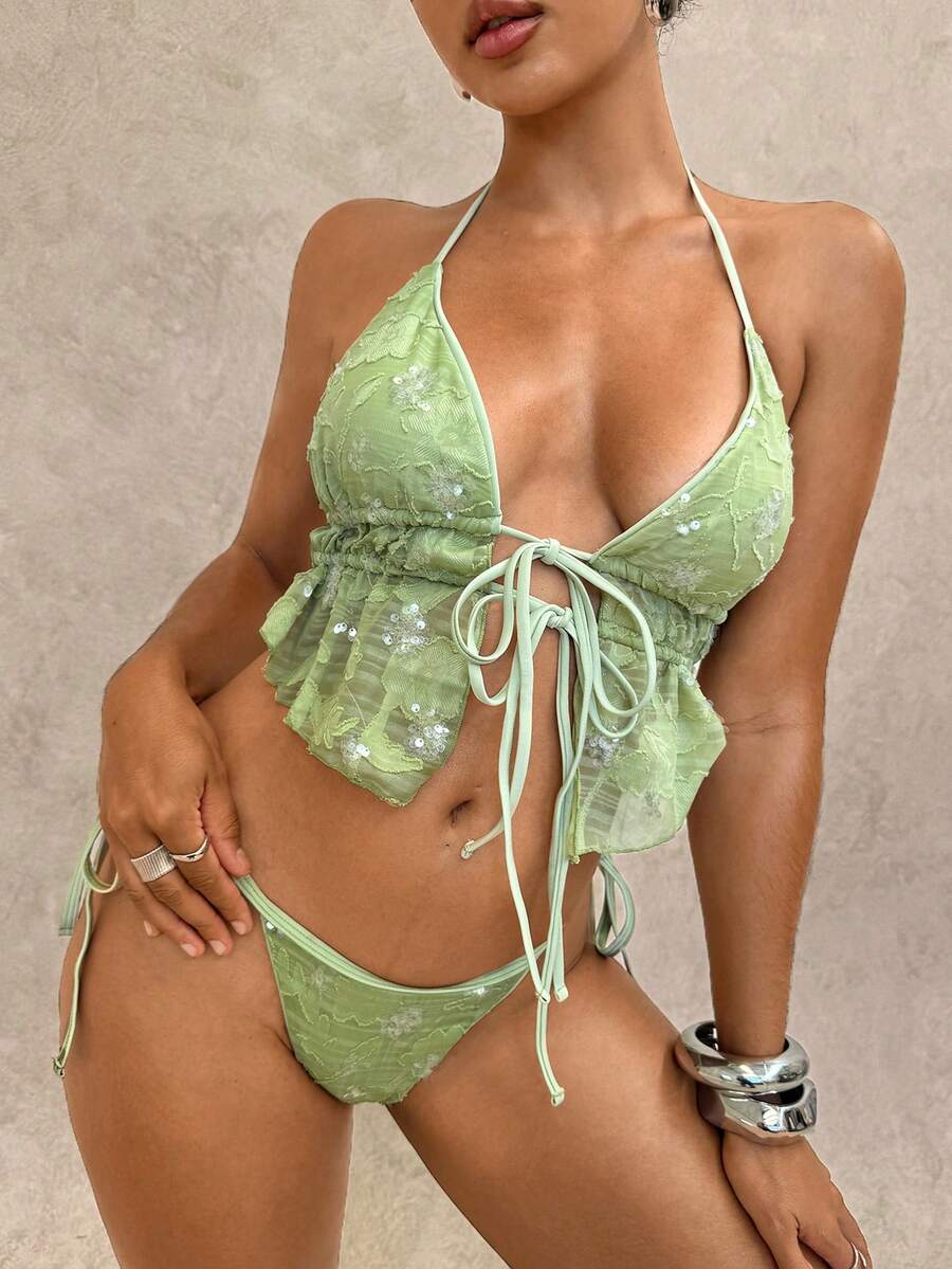 Swim SPRTY Women's Sexy Beach Vacation Jacquard Flower Applique Patchwork Sequin Backless Halter Tankinis Swimsuit, Summer - Green - View 1