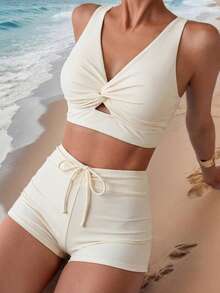 Swim Lushoire 女士夏季度假沙滩扭结比基尼套装 - 米色 - 查看 1