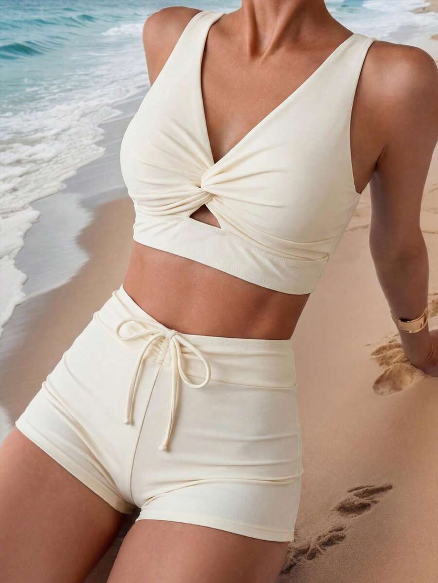 Swim Lushoire 女士夏季度假沙滩扭结比基尼套装 - 米色 - 查看 1