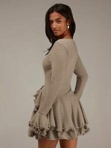 Athîral Women's Casual Ruffled Mini Dress - Khaki - View 6