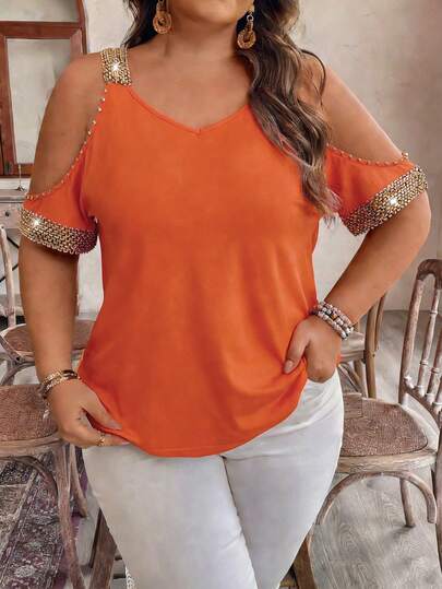 EMERY ROSE Camiseta de manga corta holgada con hombros descubiertos y estampado de rayas tejidas para mujer de talla grande