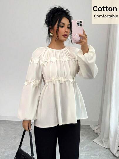 Siren Gaze Camisa de algodón con cuello redondo, manga farol y decoración floral 3D de unicolor, nueva colección de otoño para mujer