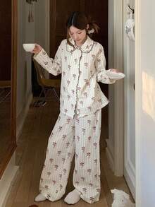 DAZY Happy Dog Striped Print Frill Trim Loose Women Pajama Set - White - View 12